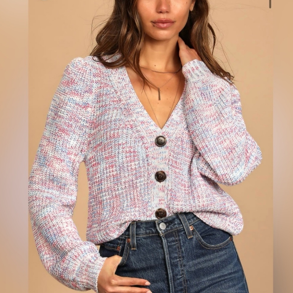 Lulu's Pink and Blue Multi Button Up Color Cardigan Sweater